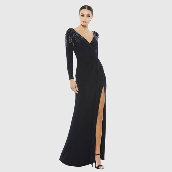 Mac Duggal Faux Wrap Jersey Gown w/ Embellished Accents Midnight 14 #8286 - Picture 1 of 8